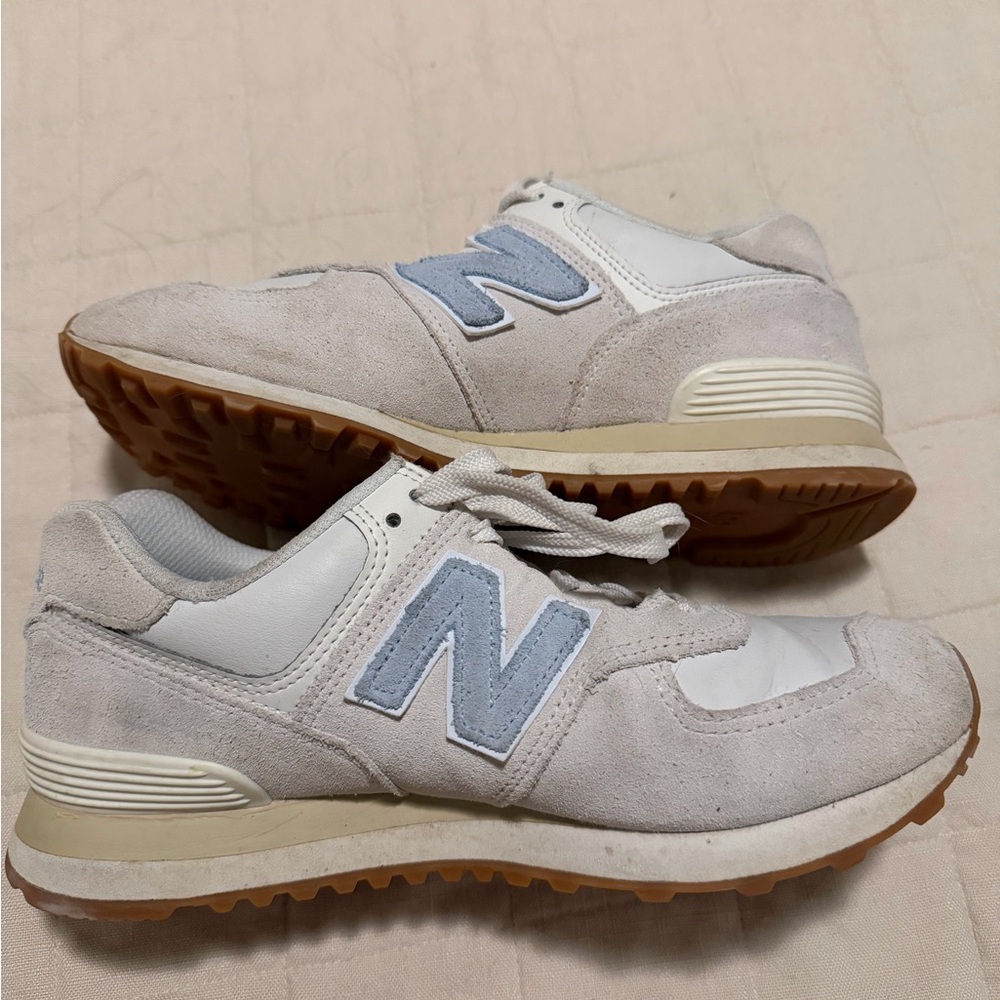 Gray and White New Balance 574 with Blue Accents
